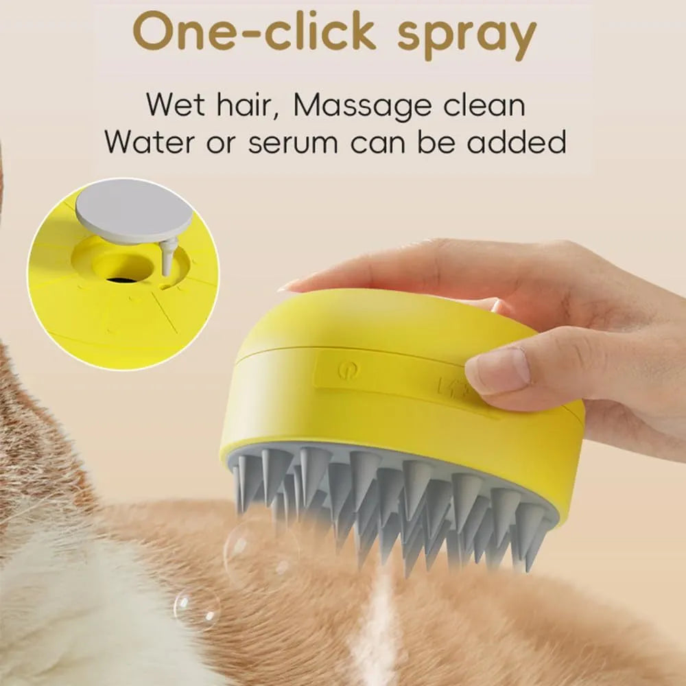 Green rechargeable steam brush for grooming cats and dogs with silicone bristles