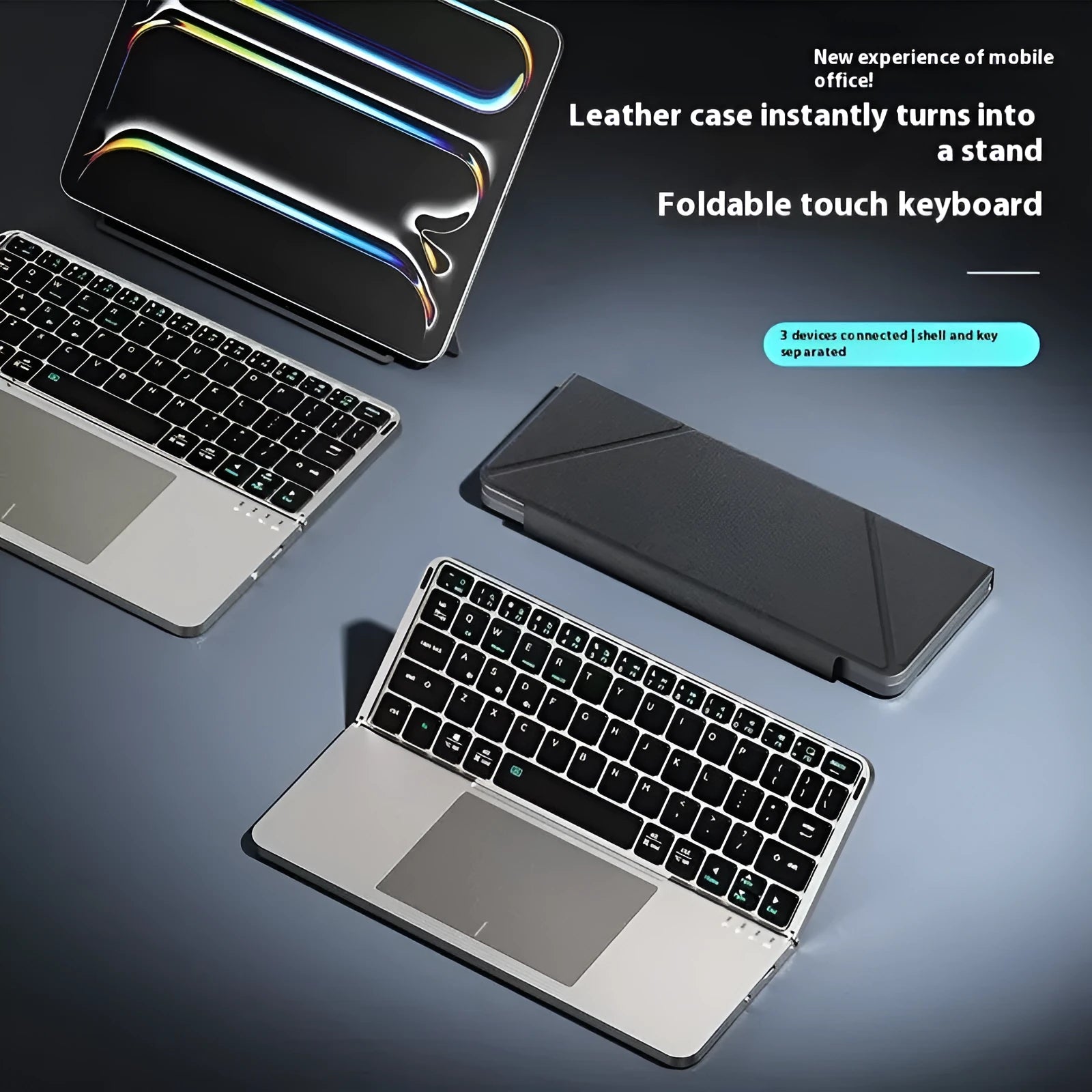Grey wireless Bluetooth folding keyboard for smartphones and tablets showing compact portable design