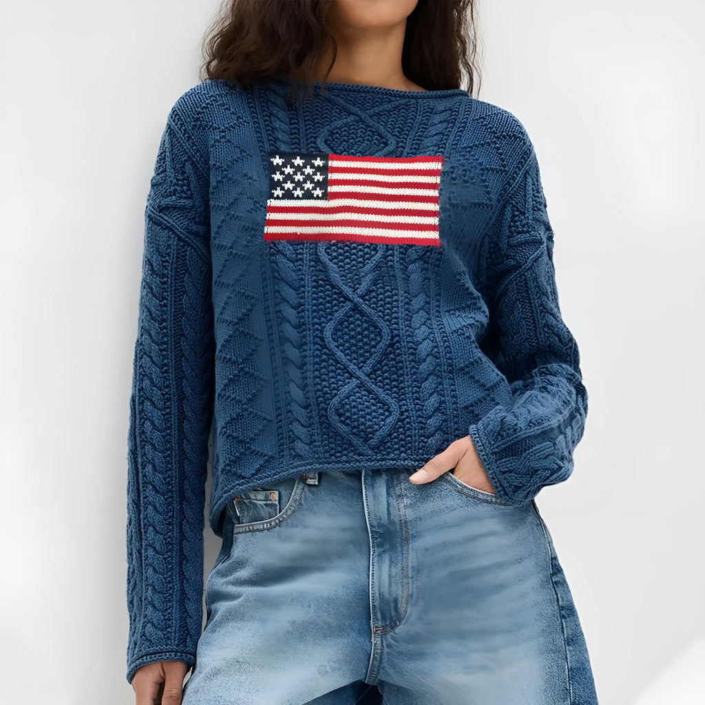 Women's navy blue lazy sense top with national flag pattern, long sleeve pullover style in acrylic fibre