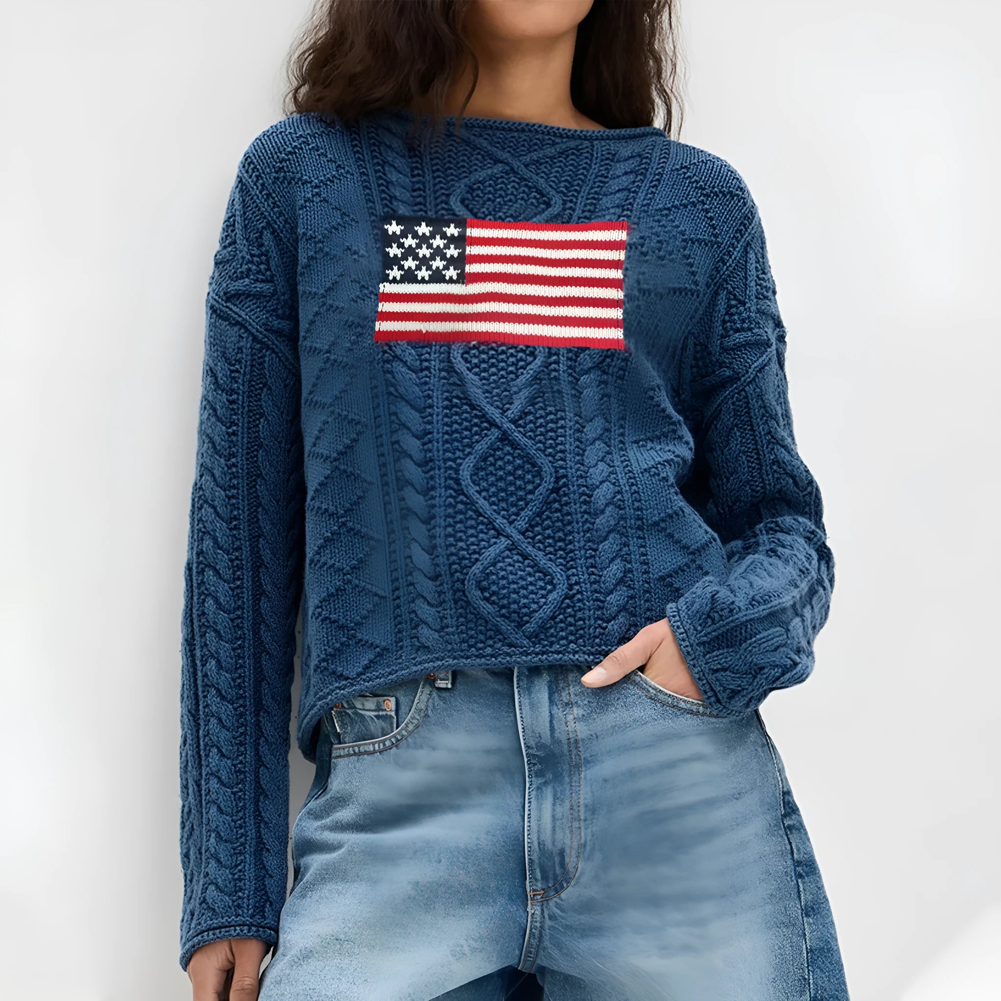 Women's navy blue lazy sense top with national flag pattern, long sleeve pullover style in acrylic fibre