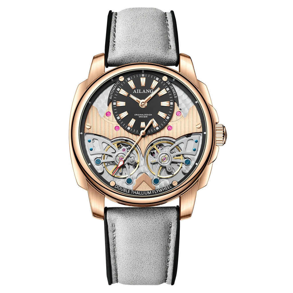 Automatic mechanical double tourbillon men's watch silver case black dial grey leather strap