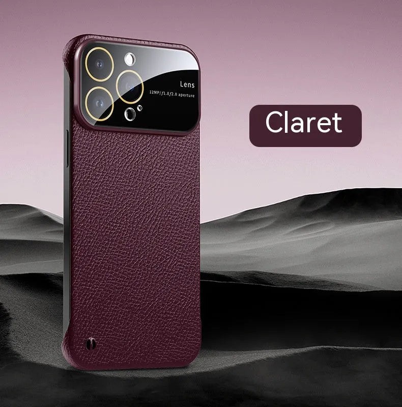 Frameless lychee pattern iPhone case in black, PC material, shockproof and anti-fingerprint, for iPhone 11 to 15 Pro Max.