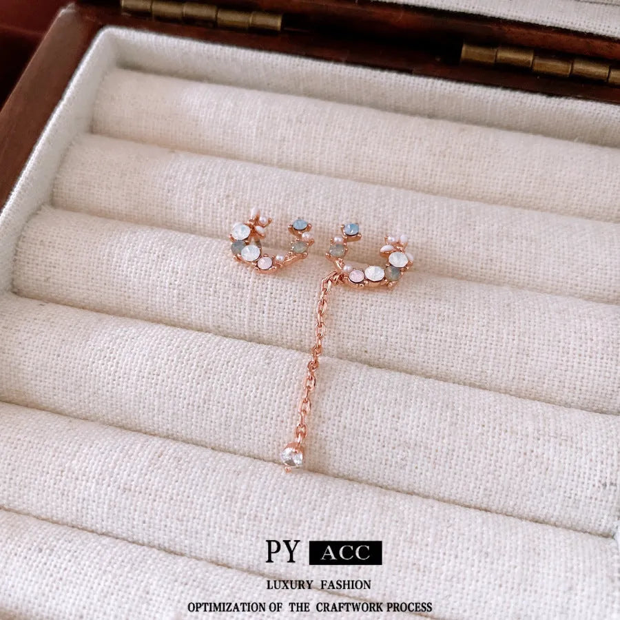 French style silver needle zircon flower drop earrings in rose gold pink on copper base