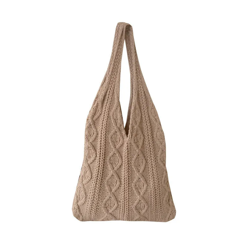 Knitted yarn shoulder tote bag in solid colour with hollow texture and double straps