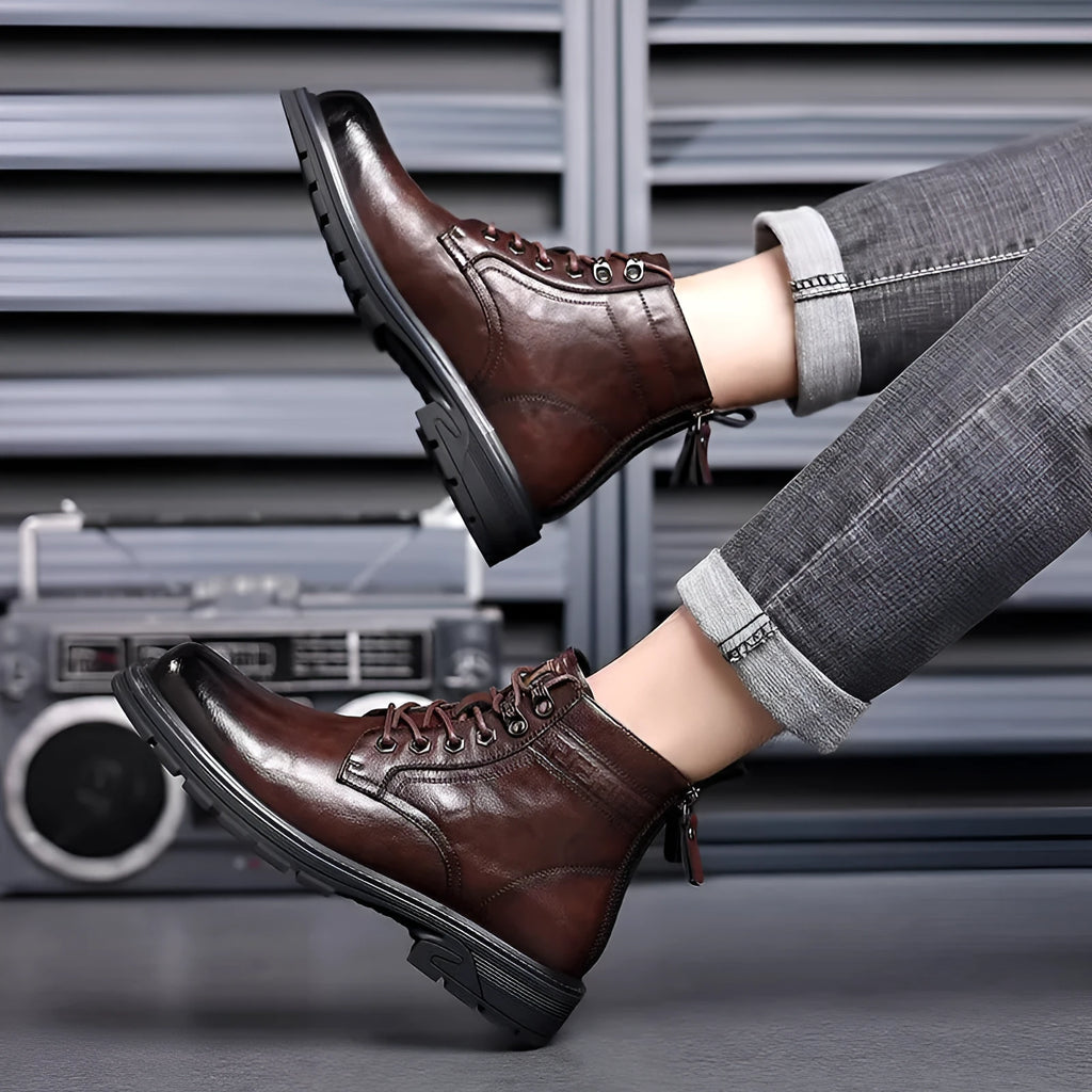 Black and brown leather Martin boots with square heel and high ankle