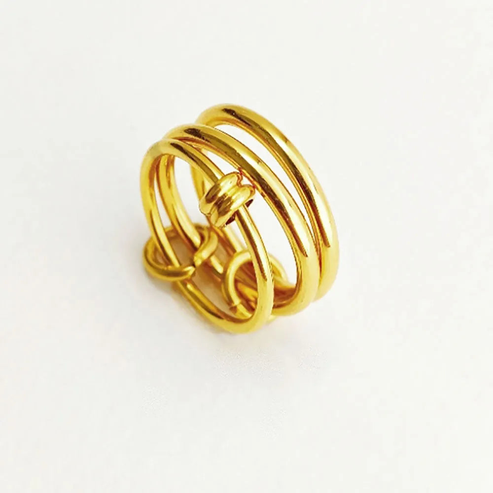 Titanium steel ring in Trinity ring gold B398 with geometric line design, womens fashion OL style