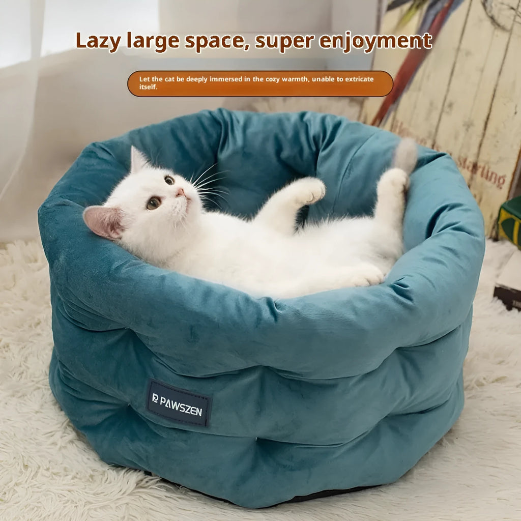 Cloth cat bed in beige on floor, medium size 48x26cm for cage or indoor use
