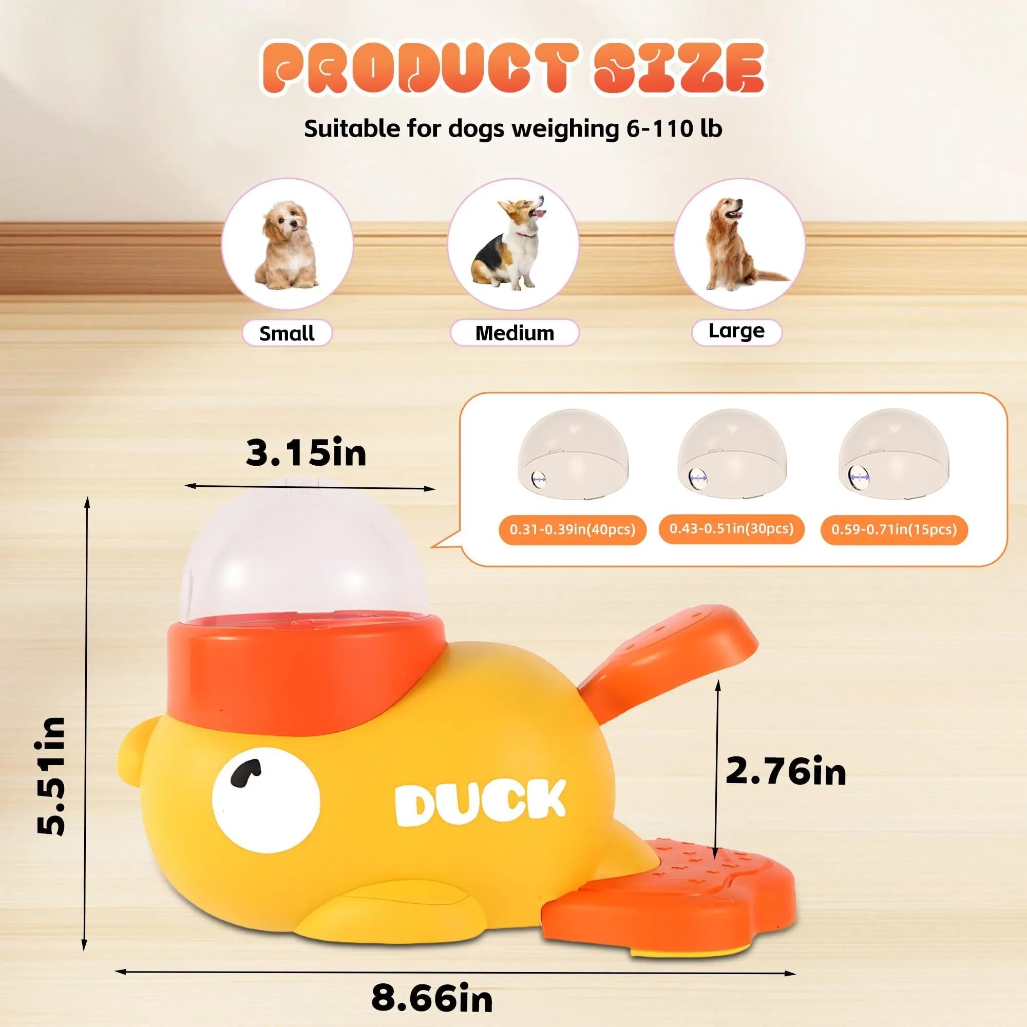 Yellow duck-shaped dog treat dispenser with rotating food container and non-slip base on floor
