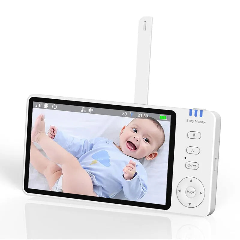 White HD wireless baby monitor with 5-inch screen showing baby room display