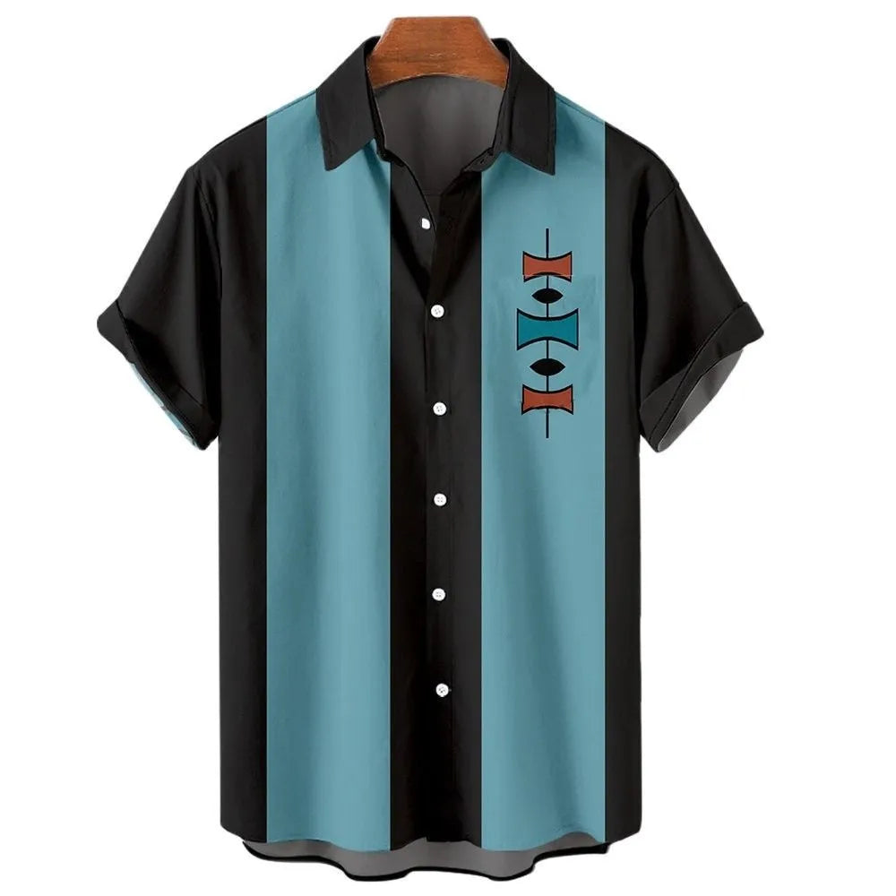 Men's striped Hawaiian casual shirt with short sleeves and button front design