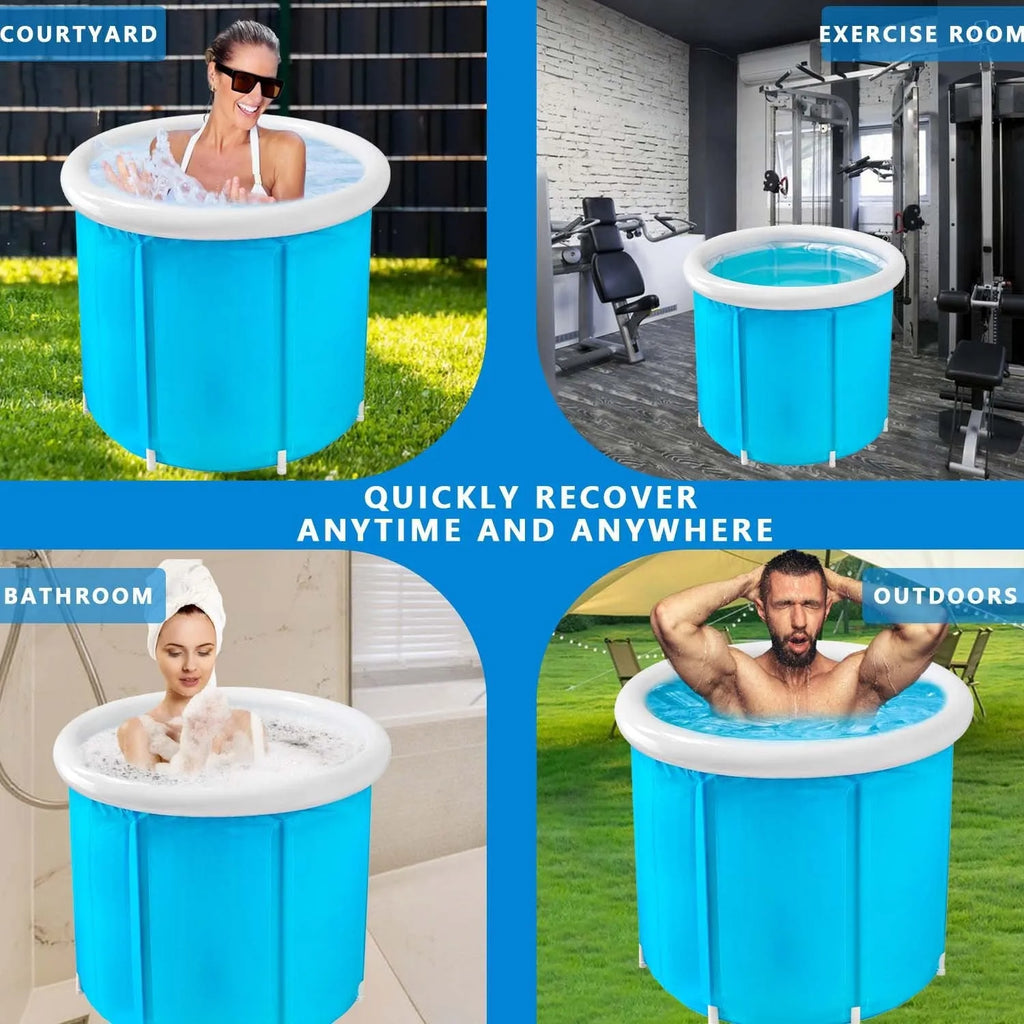 Blue inflatable bath barrel for adults made from environmentally friendly PVC, folded and inflated.