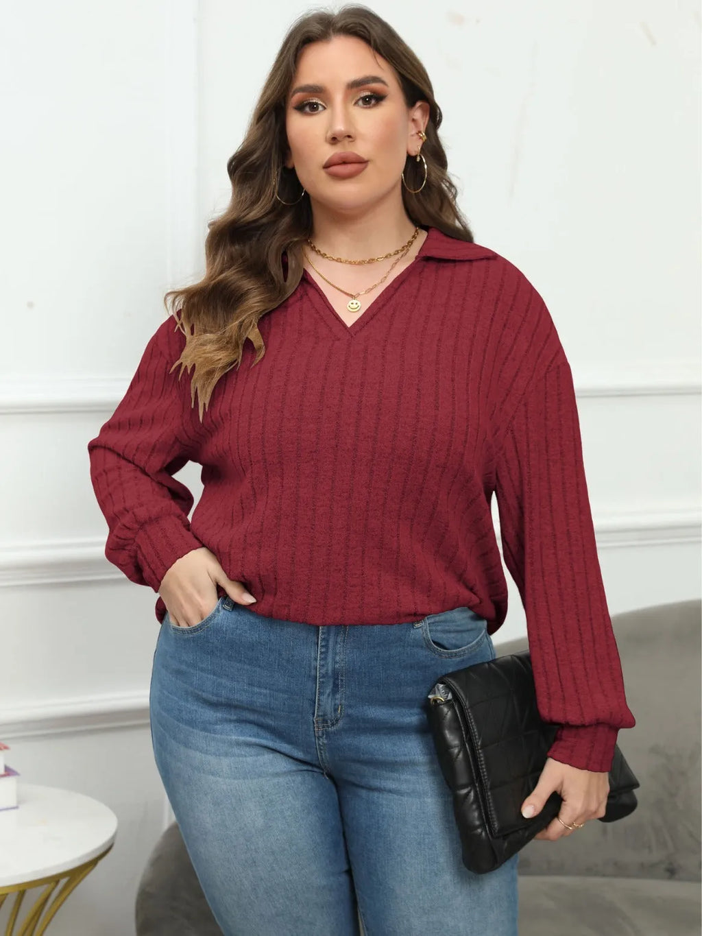 Women's plus size gray Gothic pullover shirt with a polo collar and lantern sleeves.