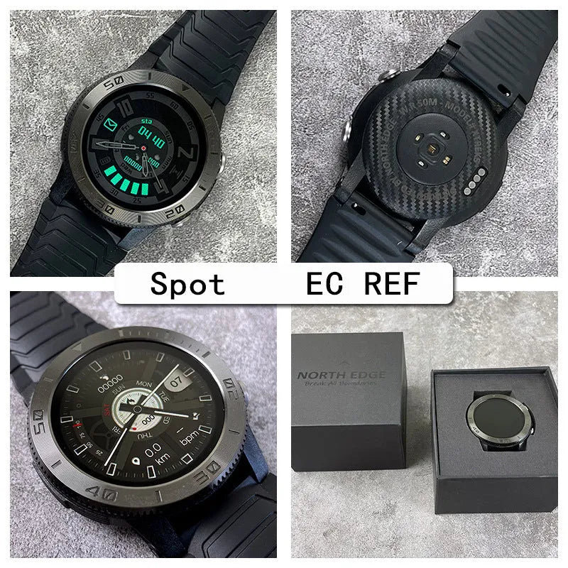 Black smart watch with 48MM dial, 22MM band, GPS heart rate stress compass and 580mAh battery