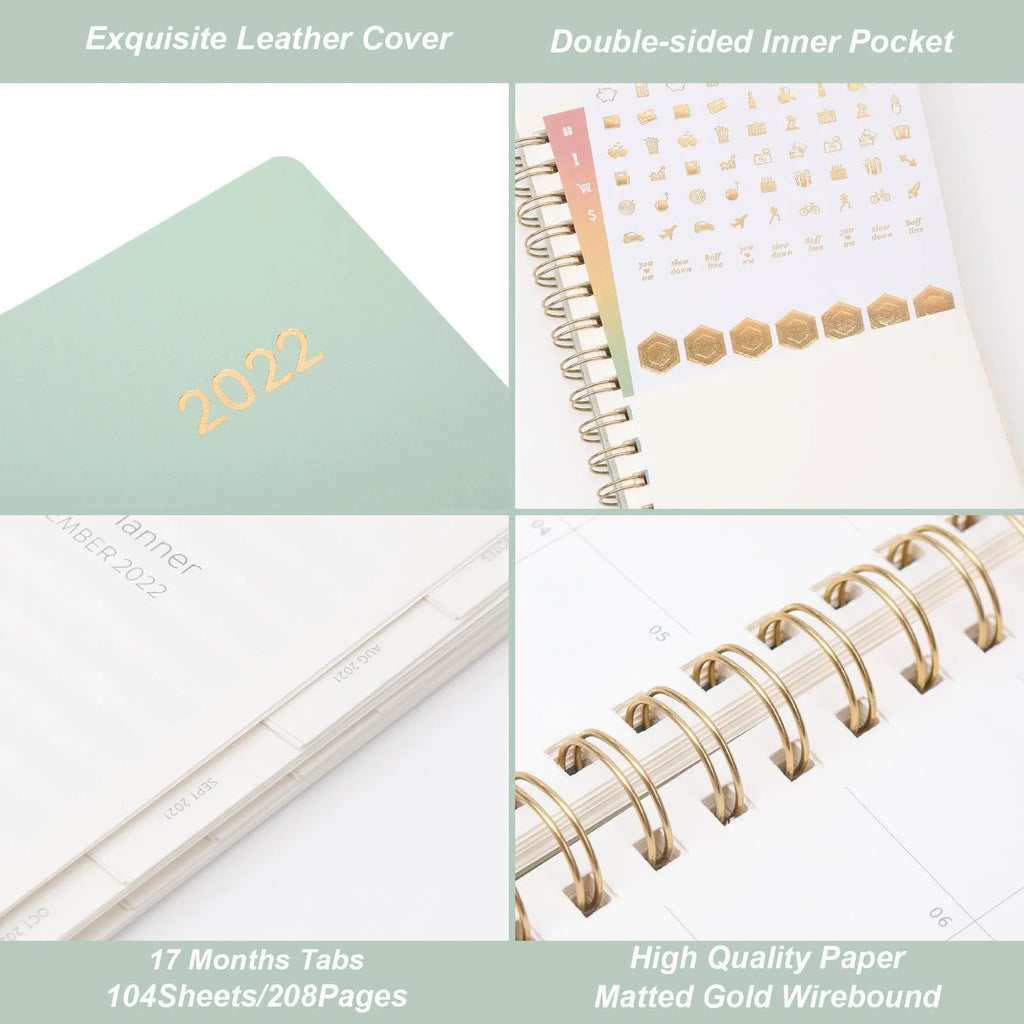 Green 2022 student weekly planner with coil binding, PU leather cover, open to show monthly grid and pockets.