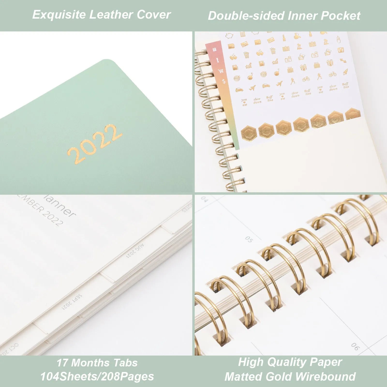 Green 2022 student weekly planner with coil binding, PU leather cover, open to show monthly grid and pockets.