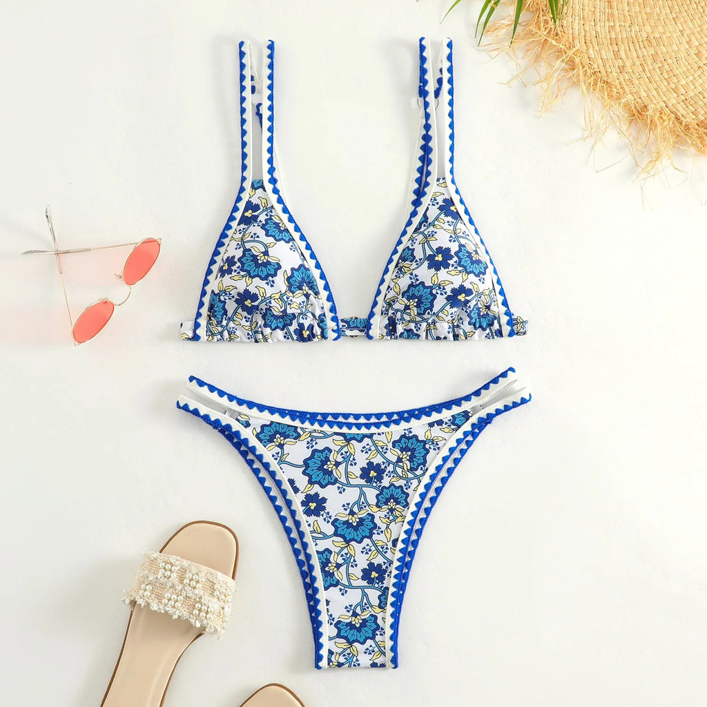 Women's floral printed bikini swimsuit with split design and briefs style