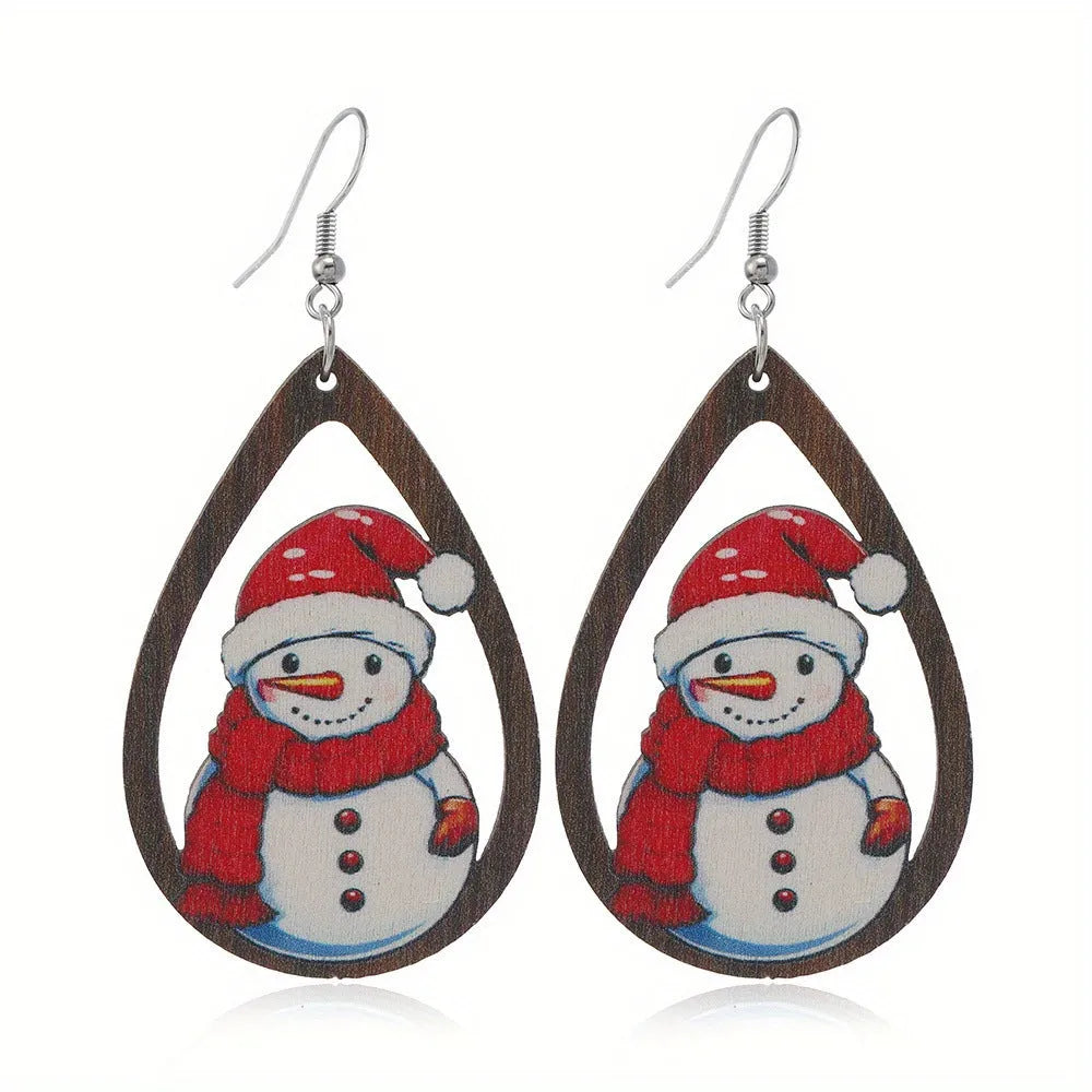 Wooden Christmas earrings with printed Santa Claus designs in geometric shapes