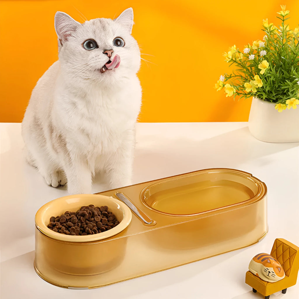 Mixed spoon cat bowl in PC, stainless steel and ceramic, shown in Taro Purple, Mint Green or Yellow