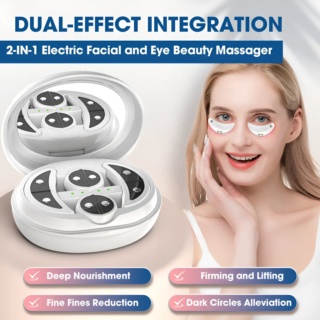 White wireless red light and EMS eye and facial massager beauty device on a plain background.