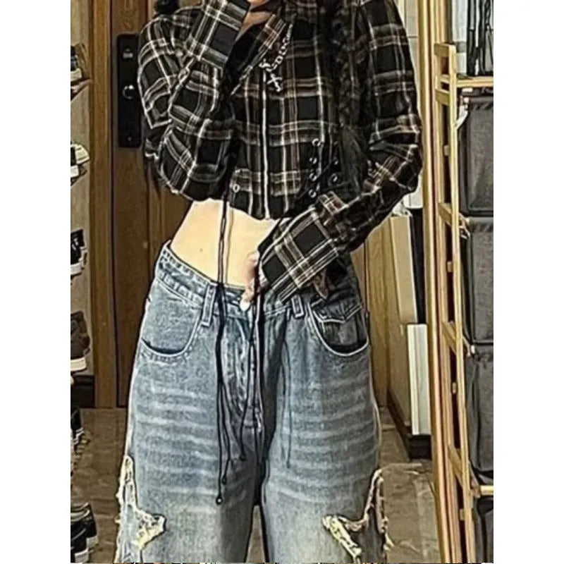Blue cotton wide-leg denim trousers with high waist and straight-leg cut