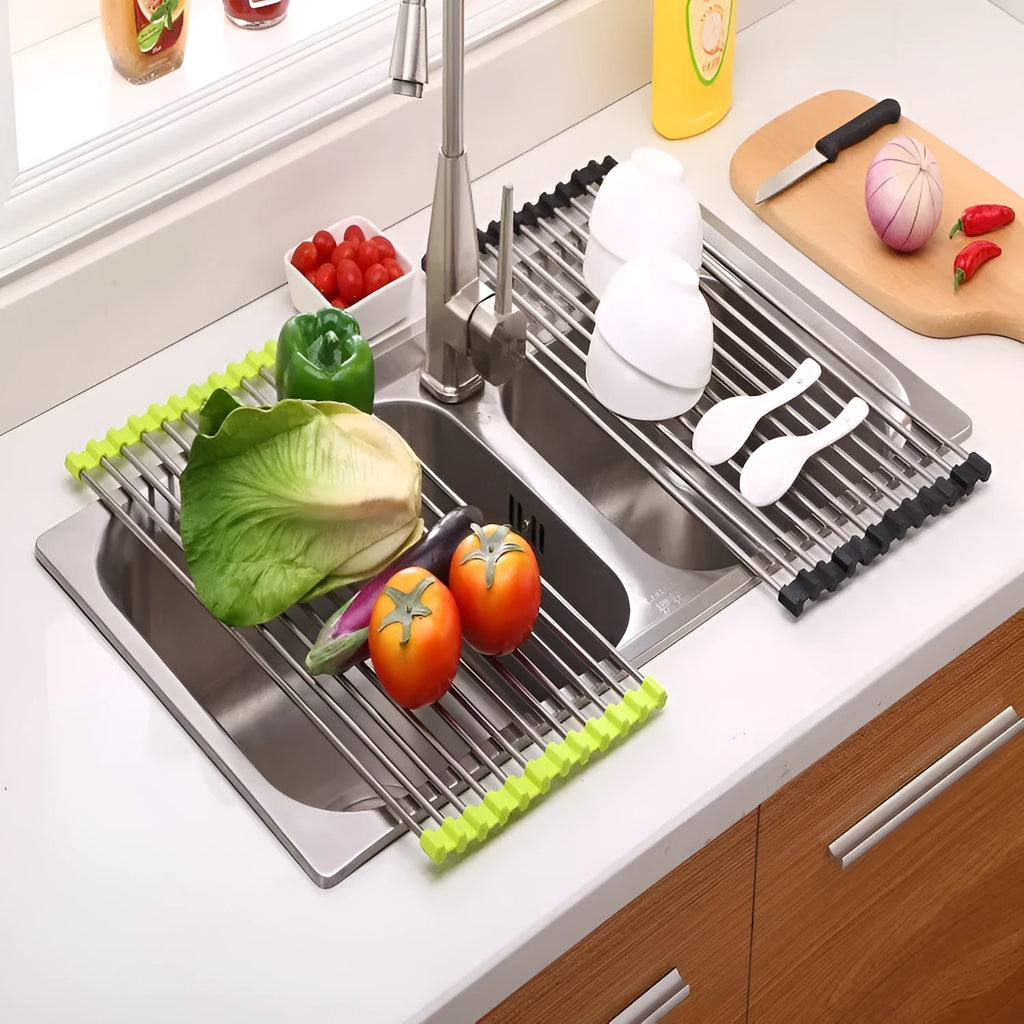 Foldable stainless steel kitchen sink drying rack shown in blue, red, and green colour options