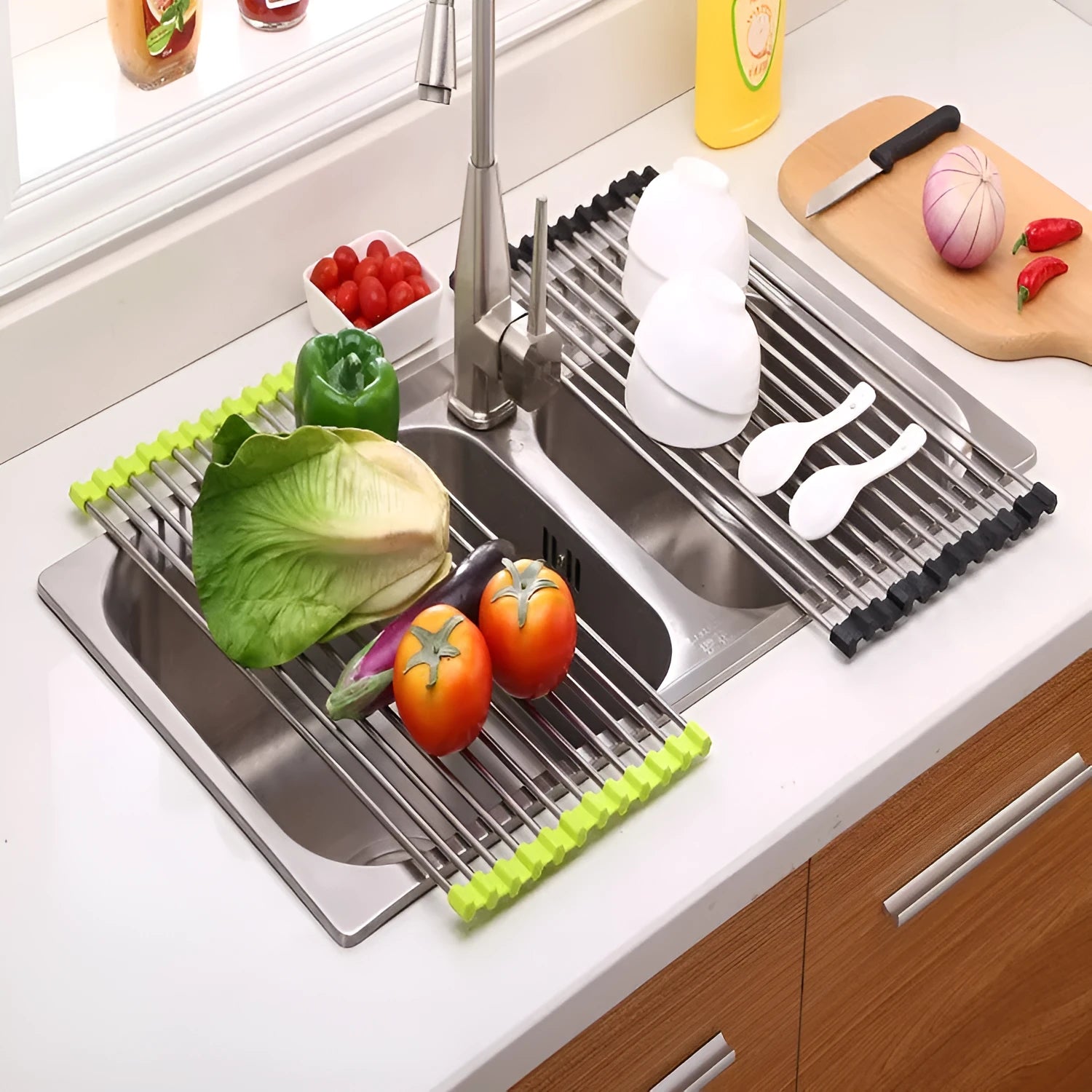 Foldable stainless steel kitchen sink drying rack shown in blue, red, and green colour options
