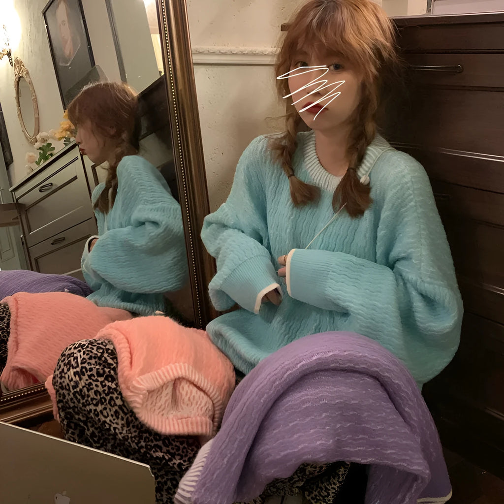 Women's loose retro pullover sweater in lake blue, pink, or purple solid colours