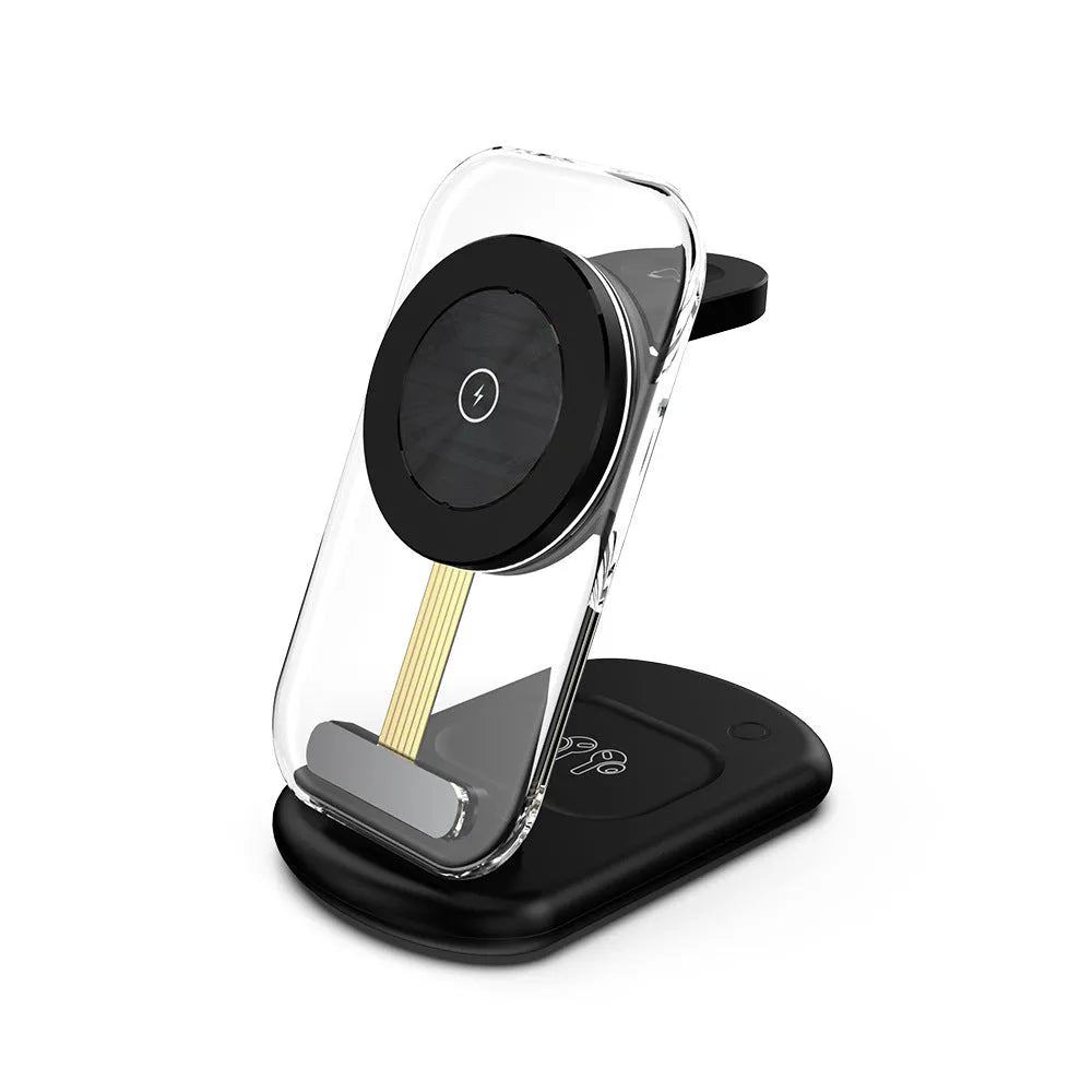 Transparent folding 3-in-1 magnetic wireless charger in black on a desk