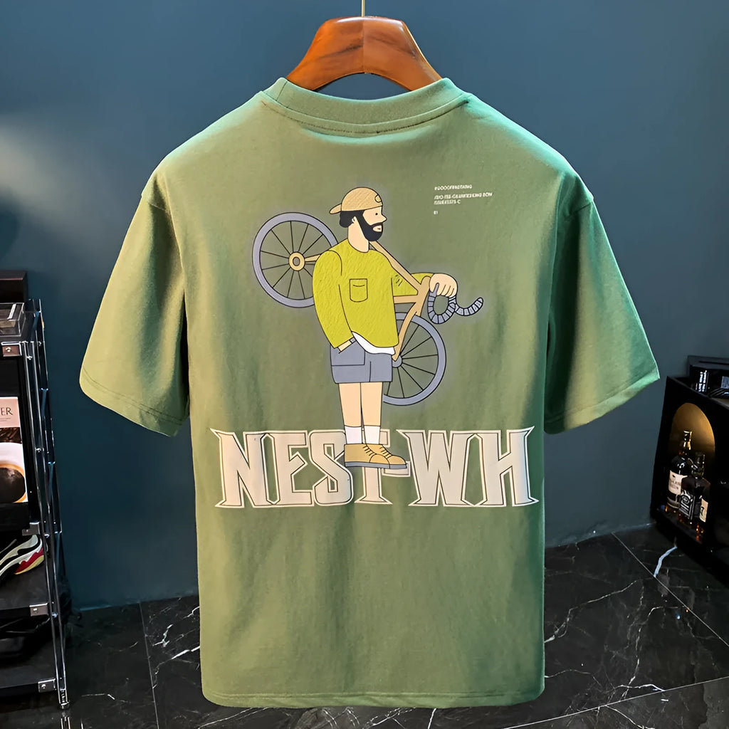 Green men's t-shirt with literary youth print in loose fit with short sleeves