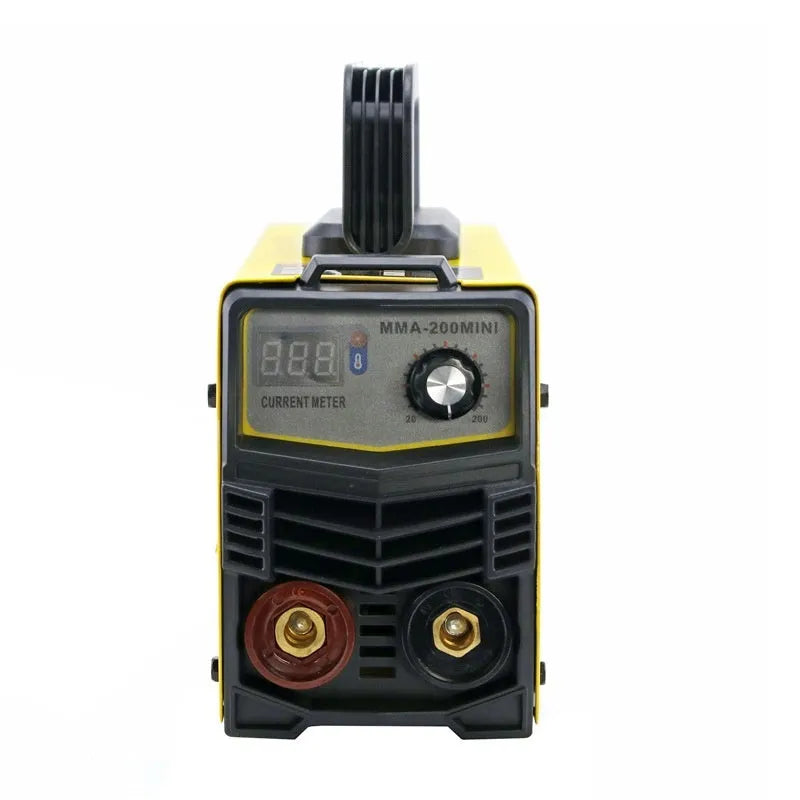 MMA-200MIN portable 220V DC inverter welding machine with welding tongs and face shield.