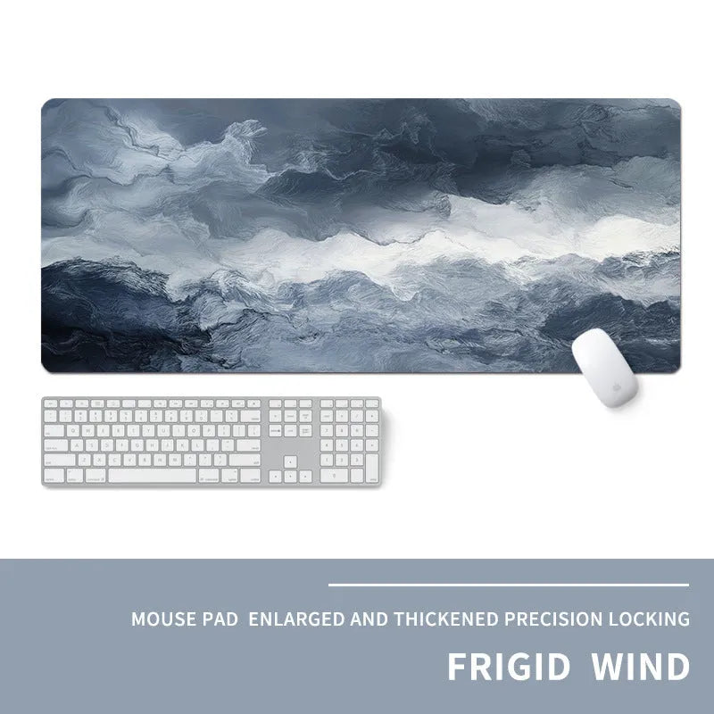 Oversized gaming mouse pad with cold style graphic design on natural rubber base for desk placement