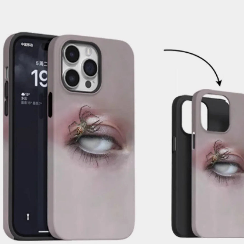 Dark heterochromatic spider design resin phone case for iPhone, showing frosted finish and soft shell construction.