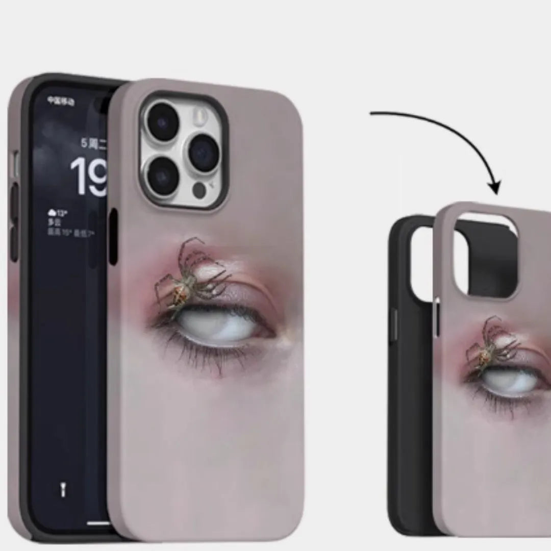 Dark heterochromatic spider design resin phone case for iPhone, showing frosted finish and soft shell construction.