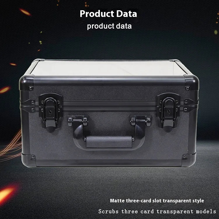 Black aluminium alloy brick card storage box with closed lid and metal frame; compact protective case for cards.