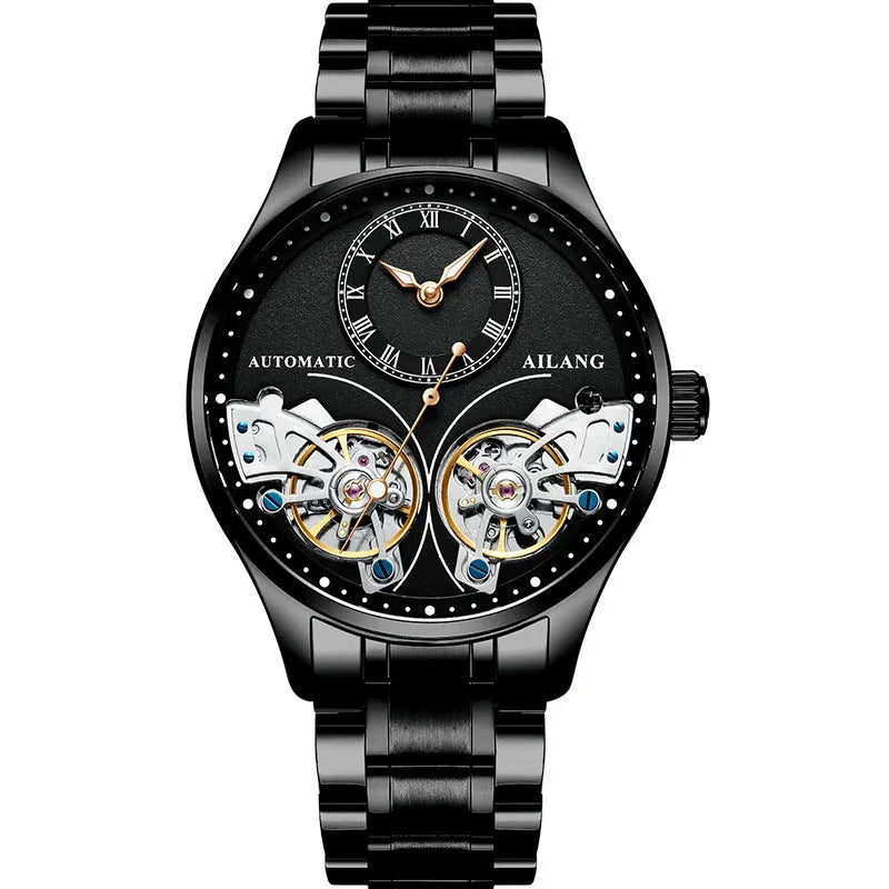 Men's automatic watch with tourbillon and moon phase on a metal case with a black dial.