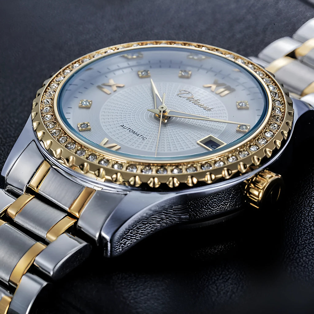 Fashionmonger gold automatic mechanical watch with black dial and luminous hands