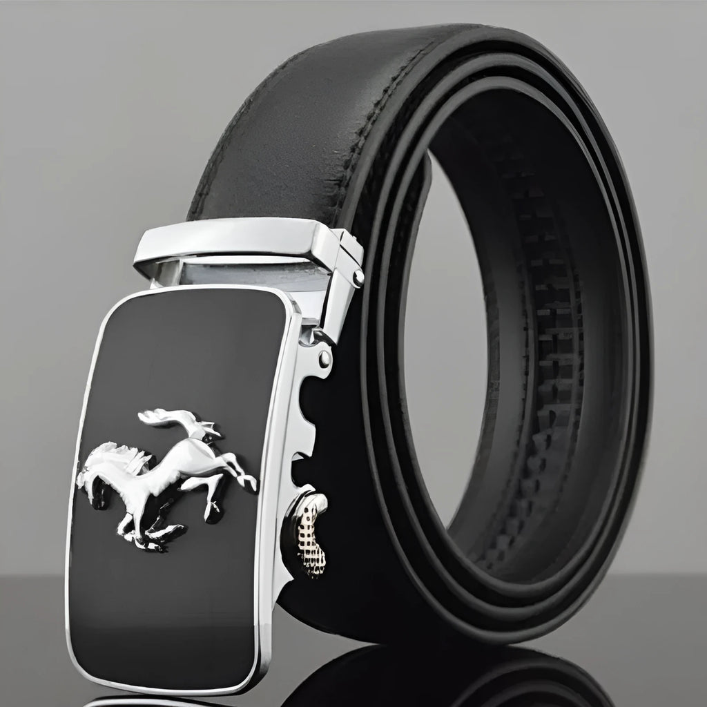 Men's black leather belt with automatic buckle measuring 3.5 cm wide