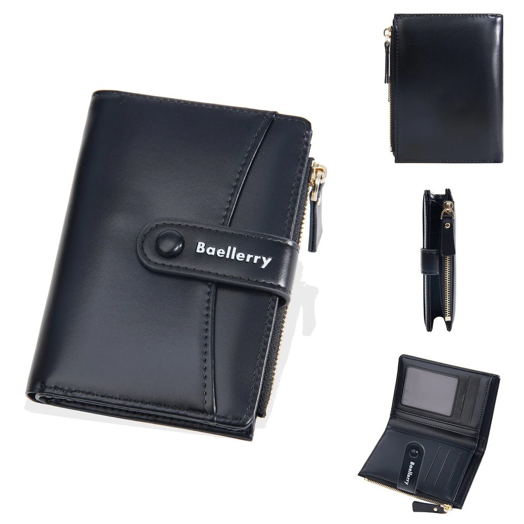 Women's PU short wallet showing six colour options: pink, black, yellow, blue, apricot and brown