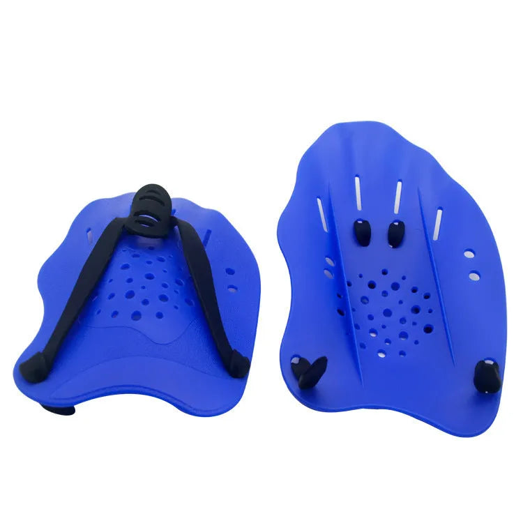 A pair of webbed swimming training hand paddles shown in blue, with size options S, M, L available.