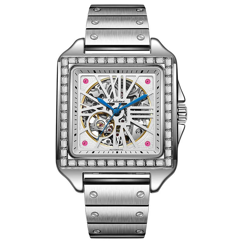 Men's square automatic watch with diamond-studded bezel on black leather strap