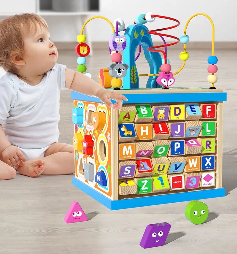 Blue wooden bead treasure box toy measuring 23x23x32cm with multiple play scenes
