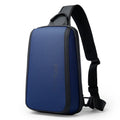 Blue men's Oxford cloth chest bag with double shoulder strap showing front view.