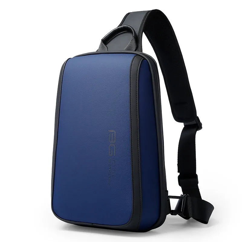 Blue men's Oxford cloth chest bag with double shoulder strap showing front view.