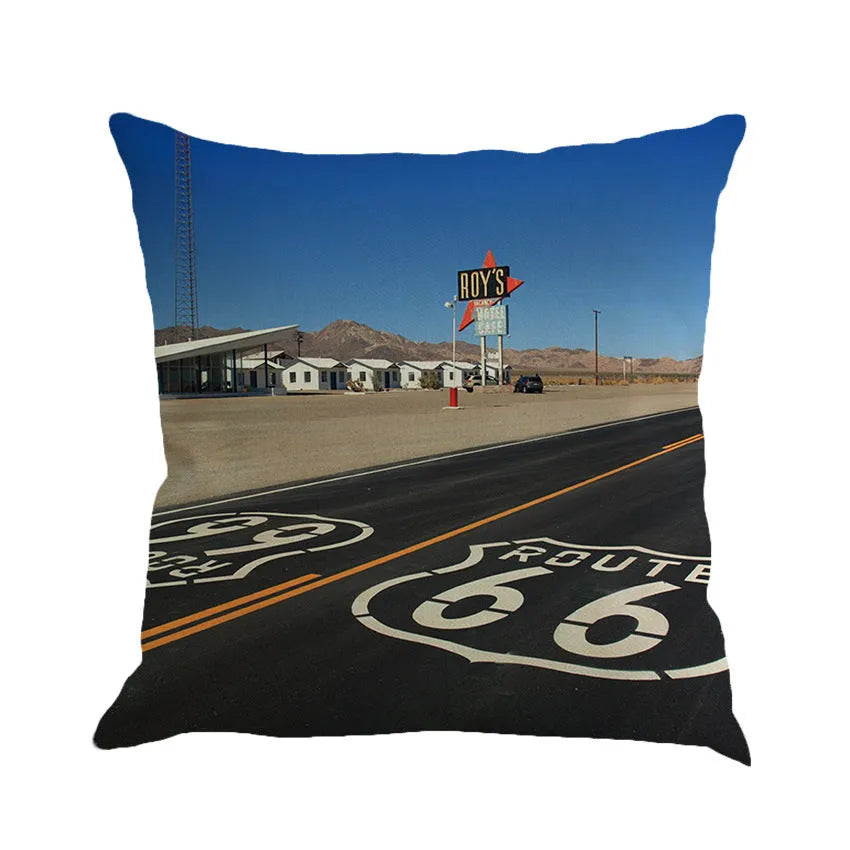 Route 66 landscape pattern linen cushion cover in 45x45cm size