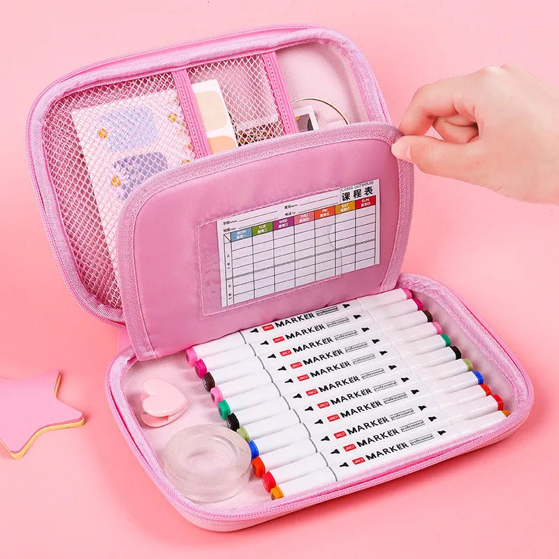 Square canvas stationery box with cartoon anime design featuring large capacity for pencils and school supplies