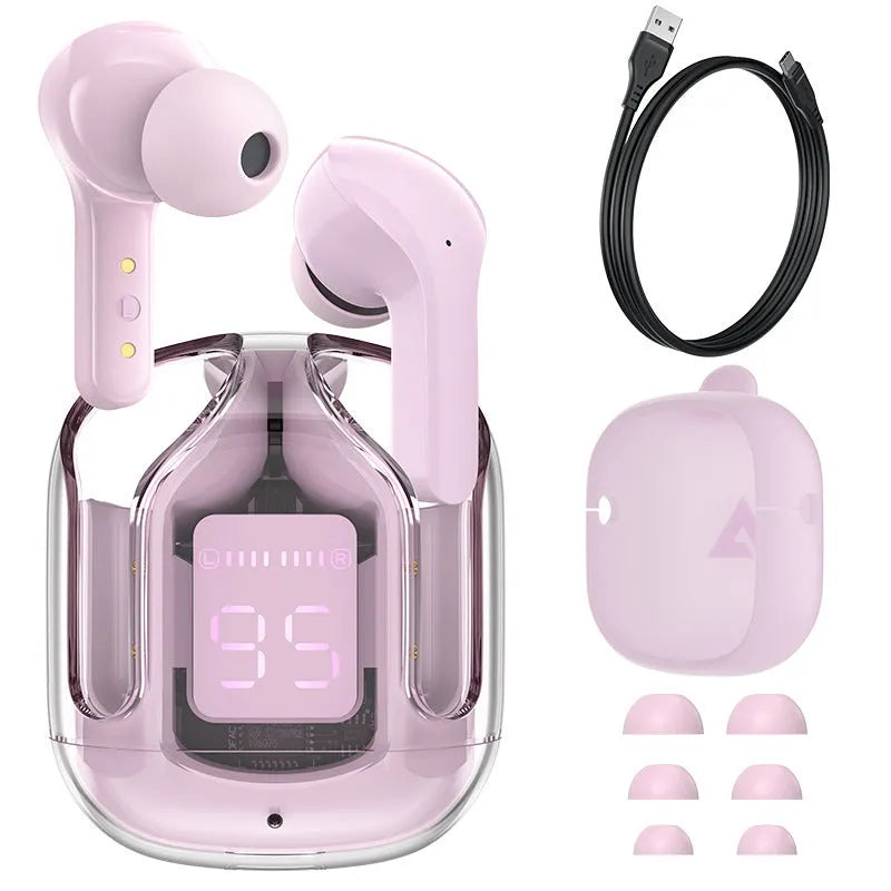 Mini wireless Bluetooth headset with LED power display, silicone case, earplugs, and USB-C charging cable on a grey background.