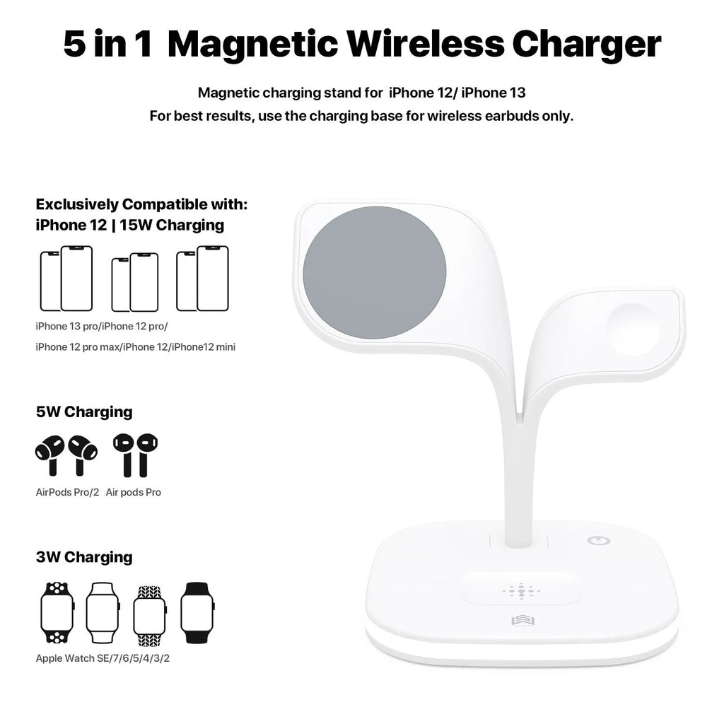 Black wireless charging station on desk with phone, watch, and headphones charging simultaneously