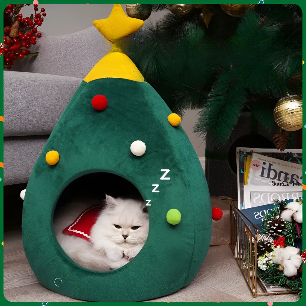 Christmas tree-shaped plush cave pet bed for cats and small dogs in three sizes.