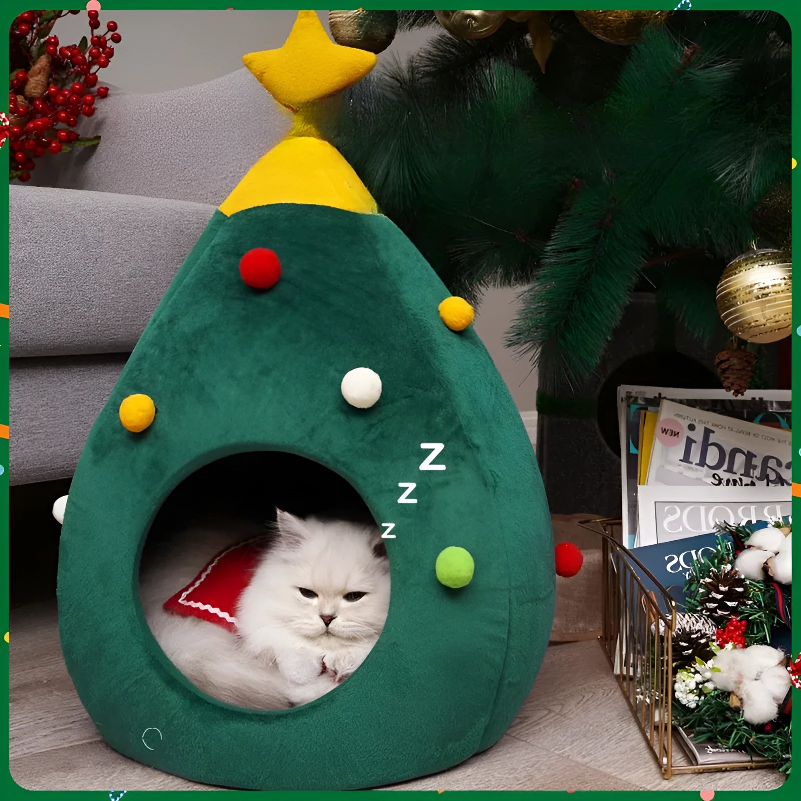 Christmas tree-shaped plush cave pet bed for cats and small dogs in three sizes.