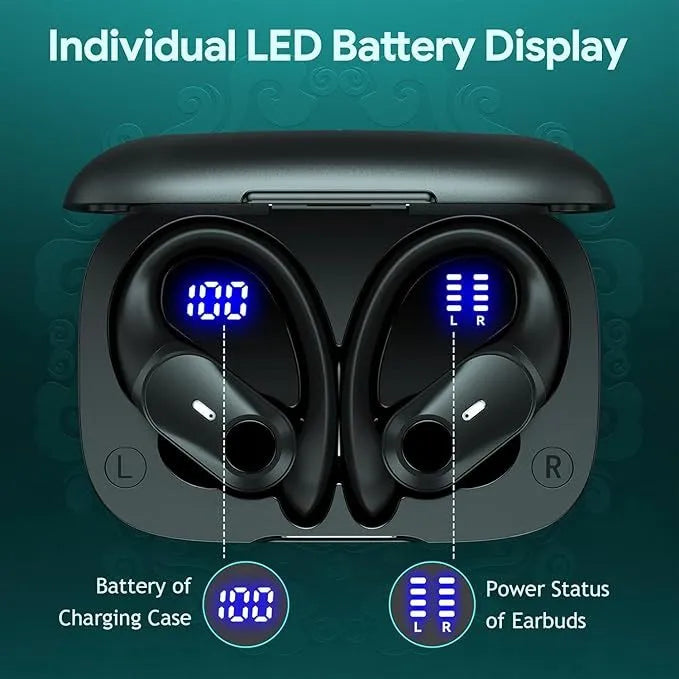 Black wireless Bluetooth headphones with ear hook silicone design and digital display